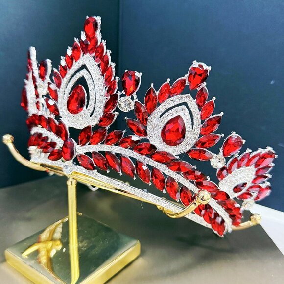 Quinceanera Crown, Ruby Rhinestone Crown, Large Size Crown, Silver Crystal Crown main image 7